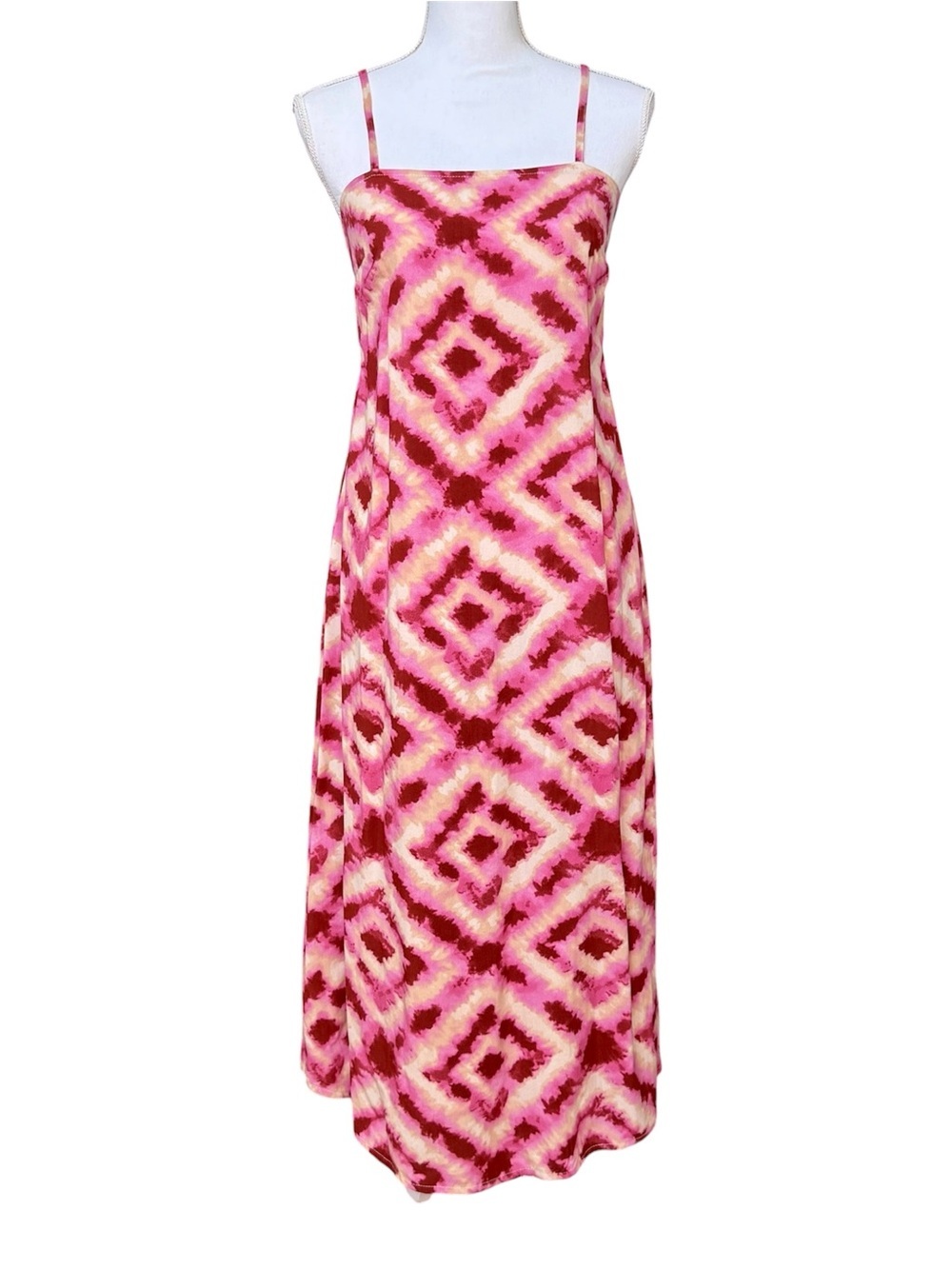 Japna Geometric Pink & Yellow Tie-Dye Maxi Dress Lined Adj Straps Size S